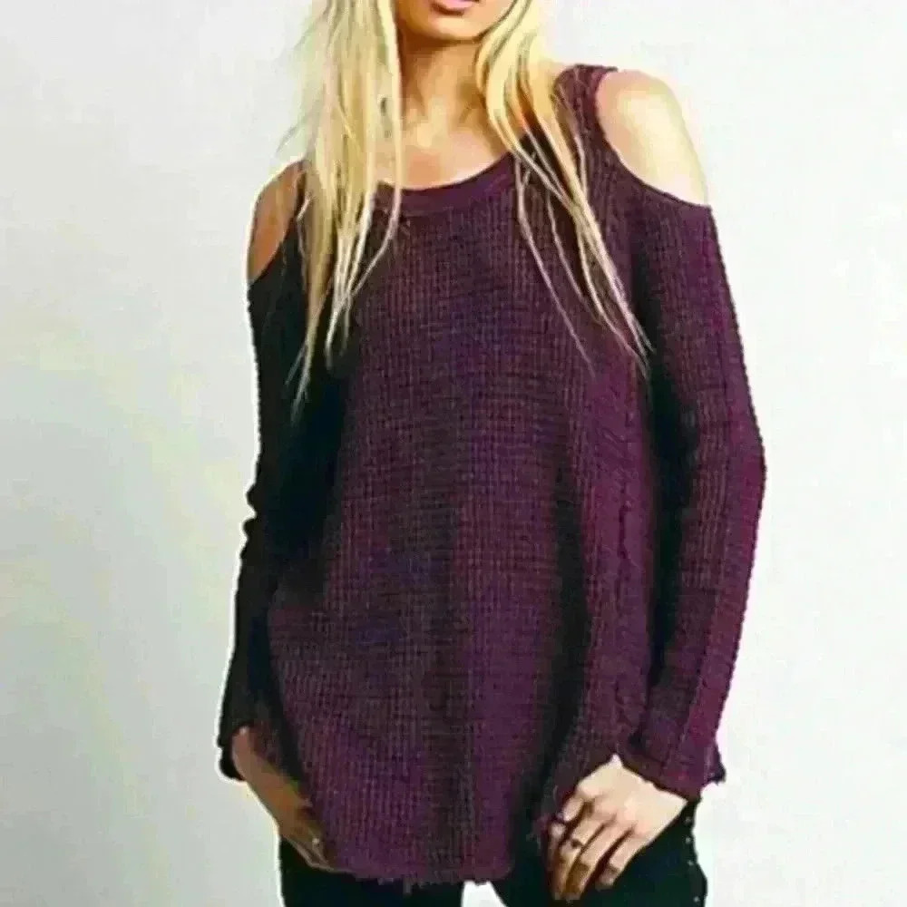 Free People Womens Purple Sunset Waffle Knit Cold Shoulder Long Sleeve Sweater S